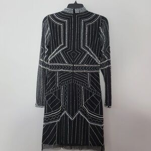 Aidan by Aidan Mattox Black Sheer Long-Sleeve Beaded Geometric Dress